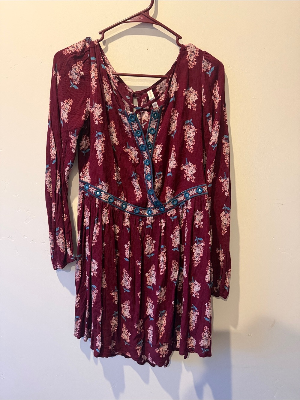 Floral Burgundy Long-Sleeve Dress with Embroidered Waist